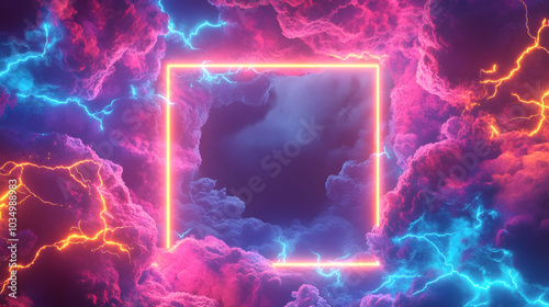 Psychedelic Neon Electric Border, vibrant square design for music magazine covers, infused with dynamic energy and creative flair