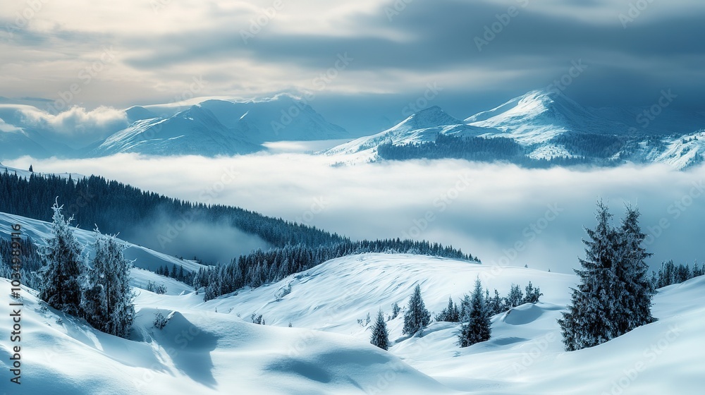 Snowy Mountain Landscape Under Cloudy Sky
