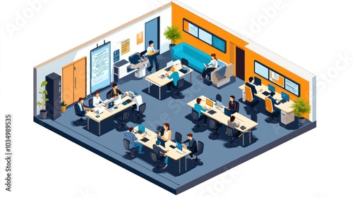 Isometric Illustration of a Modern Office with Employees Working at Their Desks