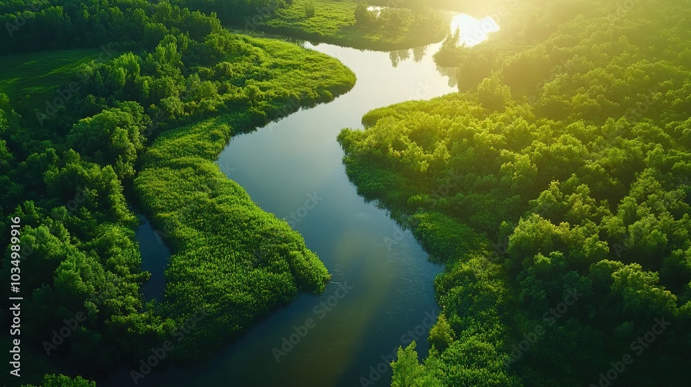Serene Aerial View of Lush Green River Landscape Serene Aerial View of Lush Green River Landscape