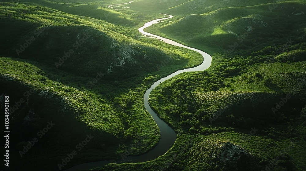 Serene River Flowing Through Lush Green Hills Serene River Flowing Through Lush Green Hills