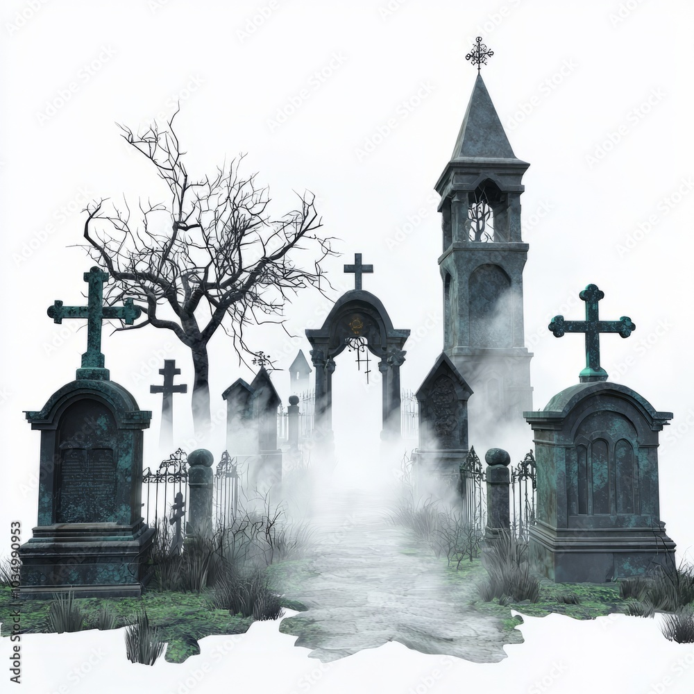 3D Render, Low Poly style of a misty graveyard with ancient mausoleums and eerie statues, on isolated white background 3D Render, Low Poly style of a misty graveyard with ancient mausoleums and eerie statues, on isolated white background