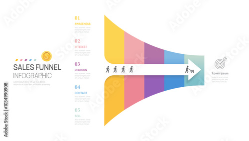 Infographic Sales funnel diagram template for business. Modern arrow Timeline 5 step level, presentation vector infographics.