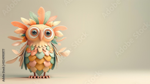 Cute Cartoon Owl with Feathers and Big Eyes photo