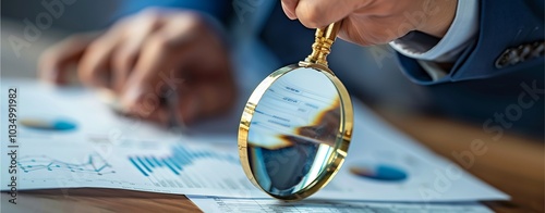 A businessman’s hand holding a magnifying glass over financial charts