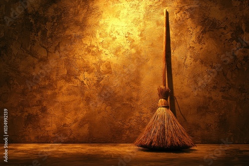 Illuminated broomstick against textured wall
