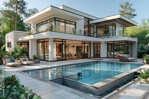 Modern house with a swimming pool in the backyard.