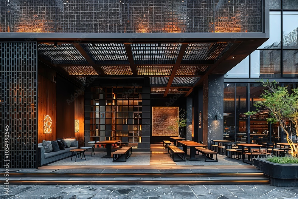 Modern restaurant patio with a minimalist design.