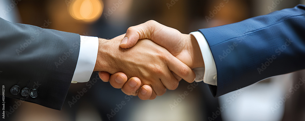 Closeup of two businesspeople shaking hands with documents being exchanged in the background, business trust, sealed deal Closeup of two businesspeople shaking hands with documents being exchanged in the background, business trust, sealed deal