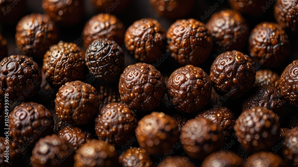 Close up of dark brown round beads with intricate patterns on a wooden surface. Close up of dark brown round beads with intricate patterns on a wooden surface.