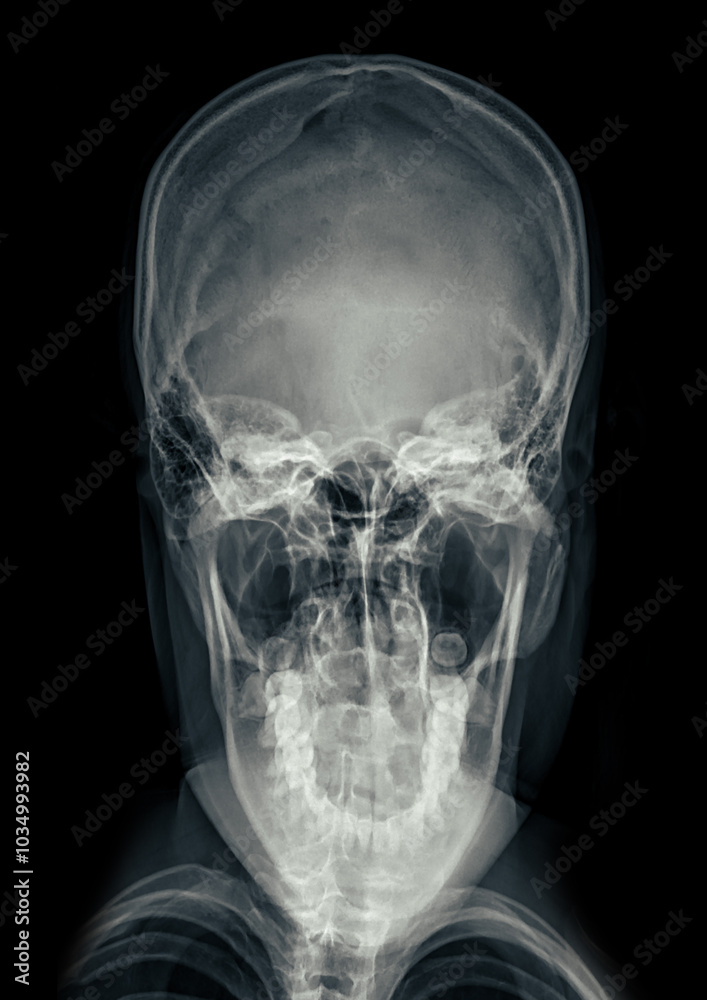 X-ray image of the skull in town's view, displaying clear bone structure with no visible abnormalities. X-ray image of the skull in town's view, displaying clear bone structure with no visible abnormalities.