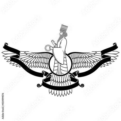 Zoroastrian winged solar disk with ribbon photo