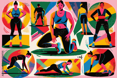 Energetic Workout Routine - Fitness Enthusiasts Exercising in Vibrant Illustration