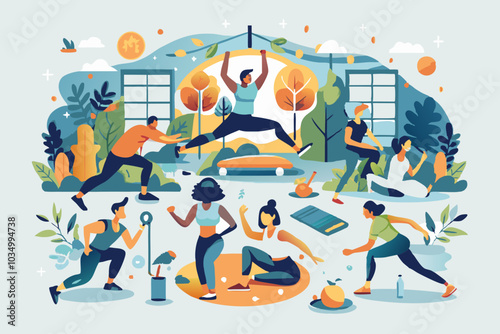 Vibrant Illustration of Diverse People Engaging in Fitness and Yoga Activities