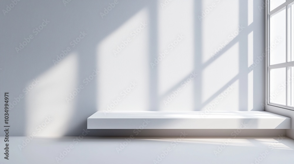 Fototapeta premium Modern energy-efficient window profile on a white sill, geometric design, crisp details, isolated white background, with large space for promotional text