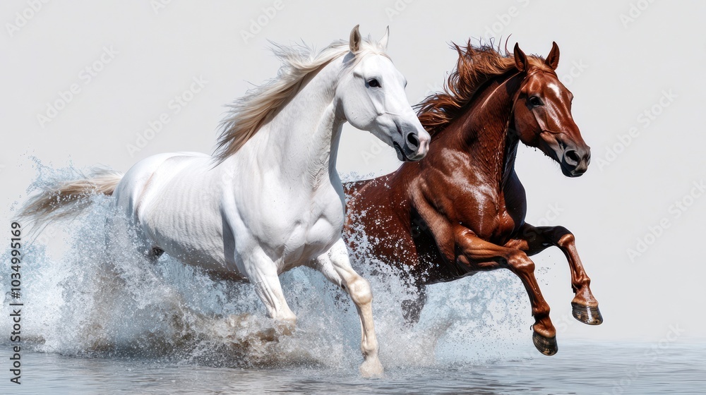 Obraz premium Two Horses Running in Water