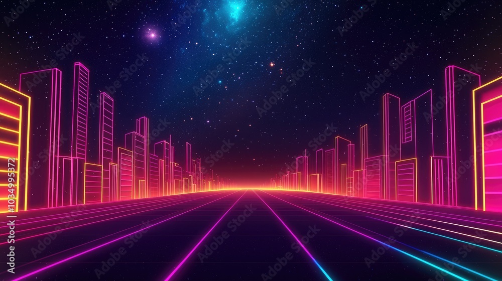 Vibrant neon cityscape with glowing skyscrapers under a starry night sky, perfect for futuristic themes and digital art. Vibrant neon cityscape with glowing skyscrapers under a starry night sky, perfect for futuristic themes and digital art.