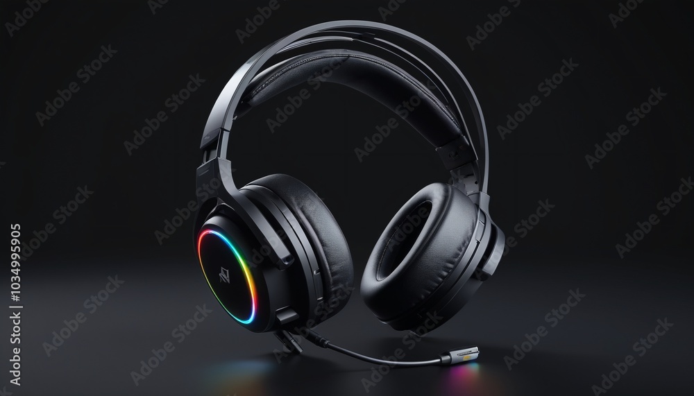 A high-end gaming headset with RGB lighting, showcased prominently against a matte black surface, Generative AI A high-end gaming headset with RGB lighting, showcased prominently against a matte black surface, Generative AI