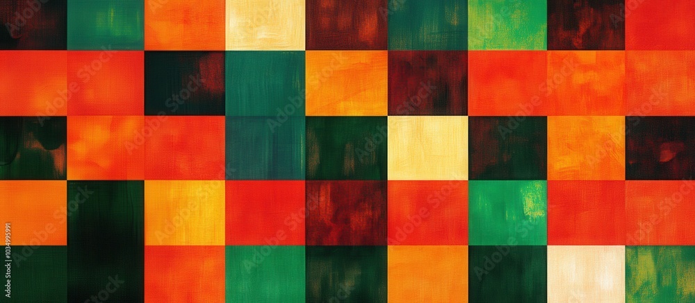 A colorful and vibrant checkered background featuring bright red, orange, and green squares in a geometric grid pattern.