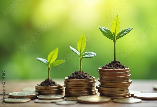 Growth in wealth and assets conceptual design, trees and green environment rooted over stacks of coins blurred background wallpaper