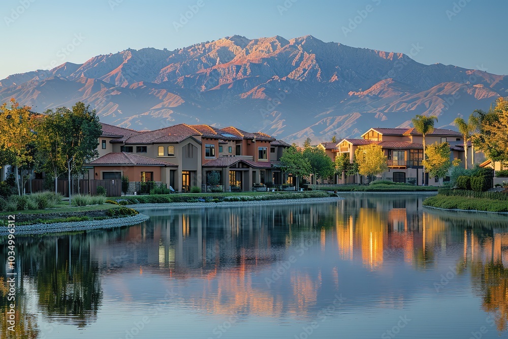 Fototapeta premium Luxury homes with a mountain backdrop and a calm lake.