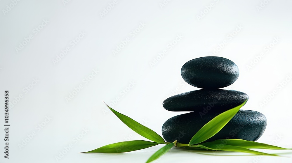 Fototapeta premium Stack of black rocks and bamboo leaves on a white background, natural wellness, vegan skincare, eco skincare, herbal skincare