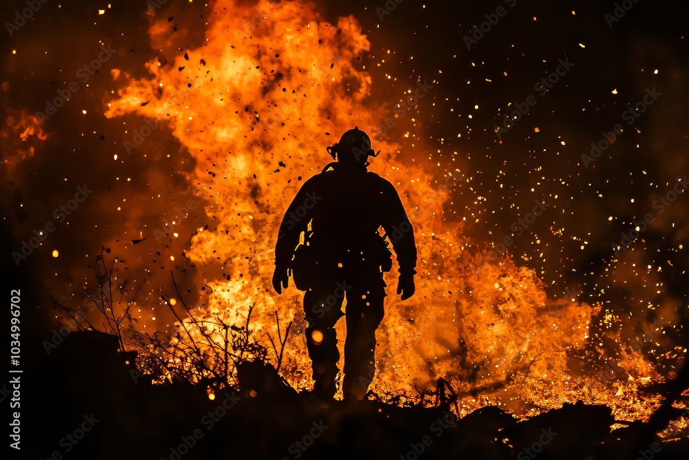 Fototapeta premium Brave Firefighter Silhouette Against Intense Flames