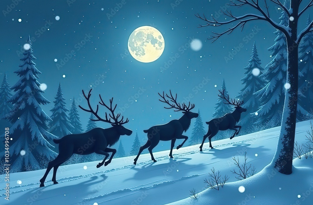 Three reindeer silhouettes leap across a snowy forest under a full moon with falling snow. Three reindeer silhouettes leap across a snowy forest under a full moon with falling snow.