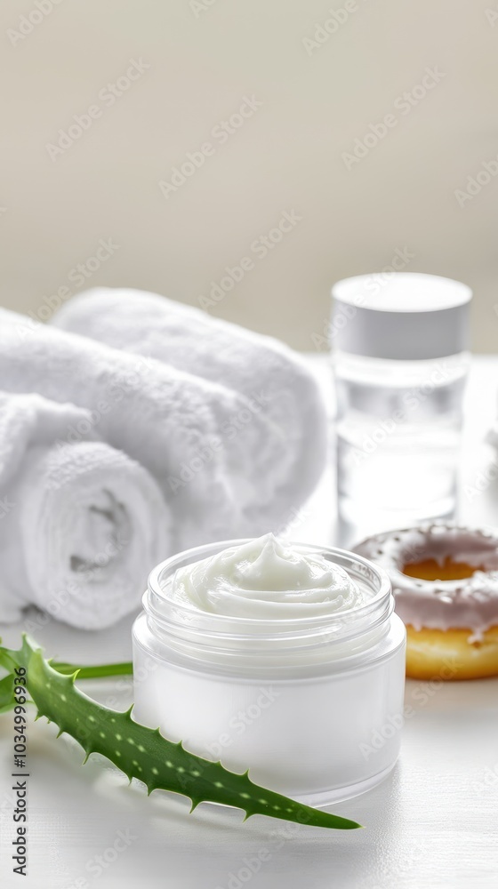 White cream jar with aloe in the foreground white towel and water bottle in the background, herbal skincare, eco skincare, vegan skincare White cream jar with aloe in the foreground white towel and water bottle in the background, herbal skincare, eco skincare, vegan skincare