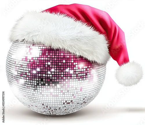 Disco ball wearing pink Santa hat illustration, Illustration of a silver disco ball wearing a pink Santa hat, combining Christmas holiday themes with party and festive vibes.

