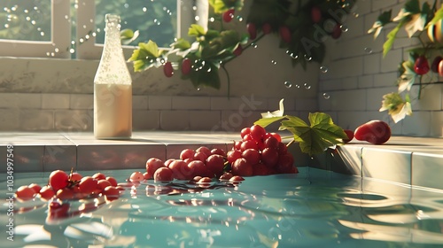 A pool with a cylindrical bottle filled with entirety grapes and milk photo