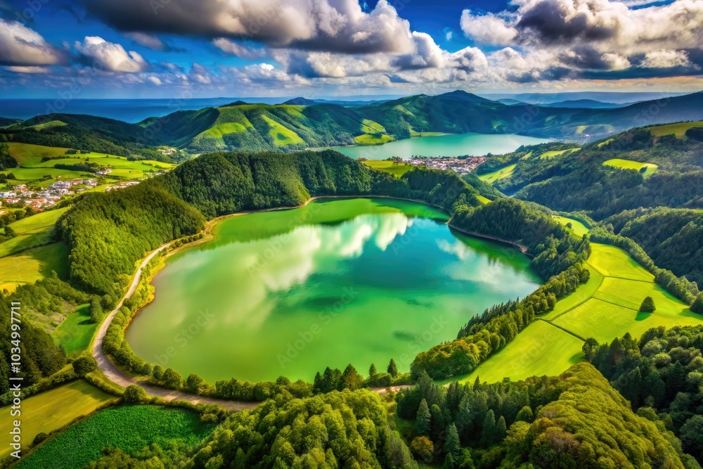 Fototapeta premium Stunning aerial view of Lagoa das Furnas, a serene lake nestled within a volcanic crater at Pico do Ferro, São Miguel, Azores, Portugal.