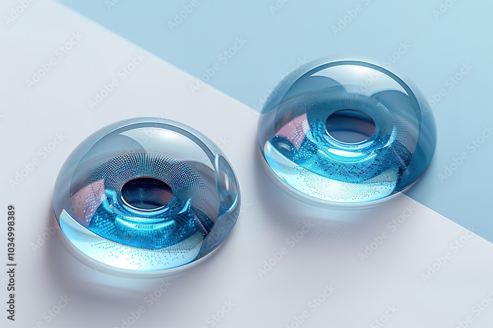 Two round, blue glass orbs on a white and blue surface.