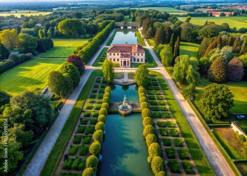 Stunning aerial view of the historic Villa Giovanelli and its vibrant gardens along the picturesque Brenta Canal near Padua, Italy, showcases timeless beauty. photo