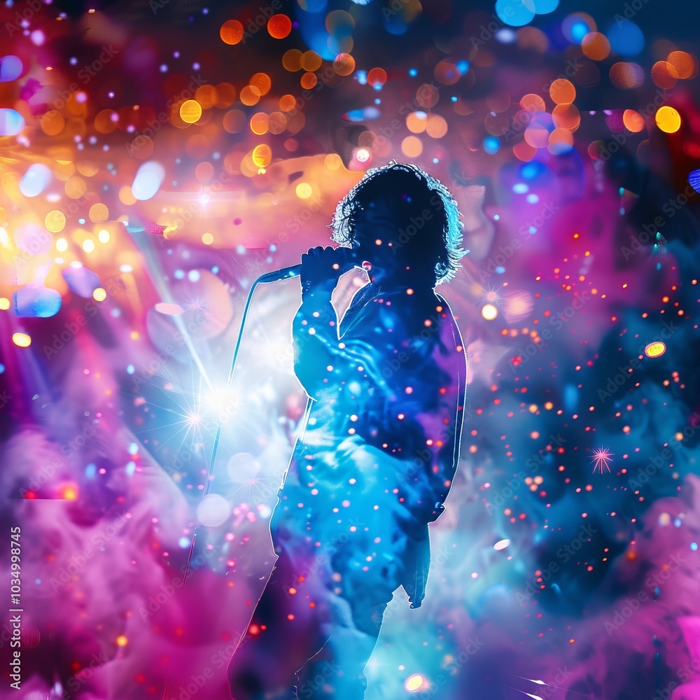 A passionate musician performing in a concert with a backdrop of colorful stage effects and lighting. A passionate musician performing in a concert with a backdrop of colorful stage effects and lighting.