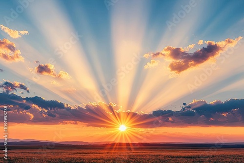 Breathtaking sunset over a vast landscape with vibrant rays of sunlight illuminating the clouds, creating a serene and picturesque scene.