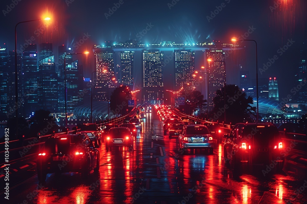 A rainy night in the city with cars driving down a highway with a tall building in the background. A rainy night in the city with cars driving down a highway with a tall building in the background.