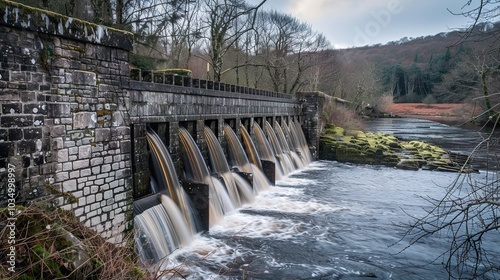 Stone Dam and River Flowing Through Forest