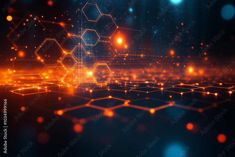 Abstract digital background with glowing hexagons and vibrant light patterns in a futuristic setting at night
