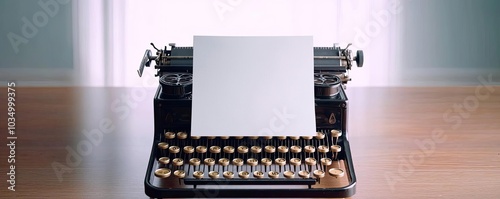 Vintage typewriter with a blank sheet of paper on a wooden desk, soft lighting enhances the nostalgic atmosphere, inviting creativity and inspiration.