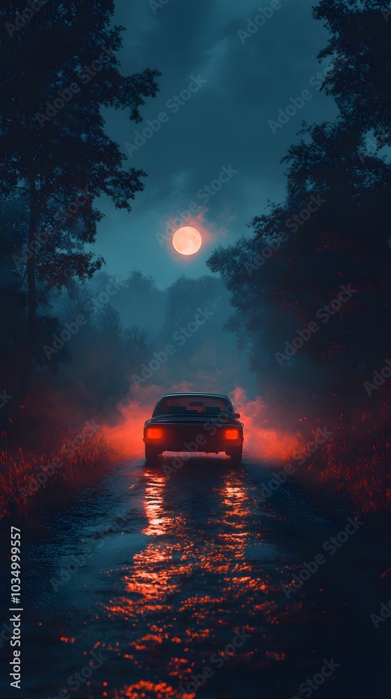 A funny ghost driver in an oddly shaped car, surrounded by a dreamy, misty landscape, with the moon faintly visible through the fog A funny ghost driver in an oddly shaped car, surrounded by a dreamy, misty landscape, with the moon faintly visible through the fog