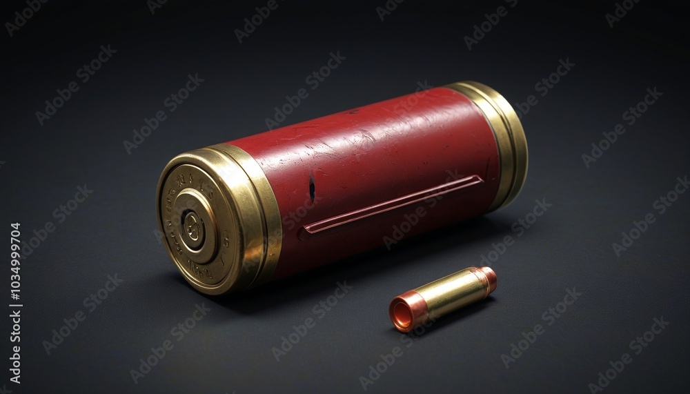 An empty shotgun shell, lying on a dark background, representing the remnants of a fierce battle against the undead, Generative AI An empty shotgun shell, lying on a dark background, representing the remnants of a fierce battle against the undead, Generative AI