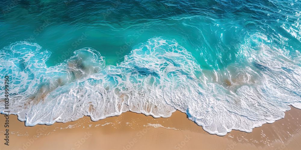 Aerial view of tropical beach shore with a blue ocean, waves. Overhead photo of crashing waves on the shoreline beach. Aerial view of tropical beach shore with a blue ocean, waves. Overhead photo of crashing waves on the shoreline beach.