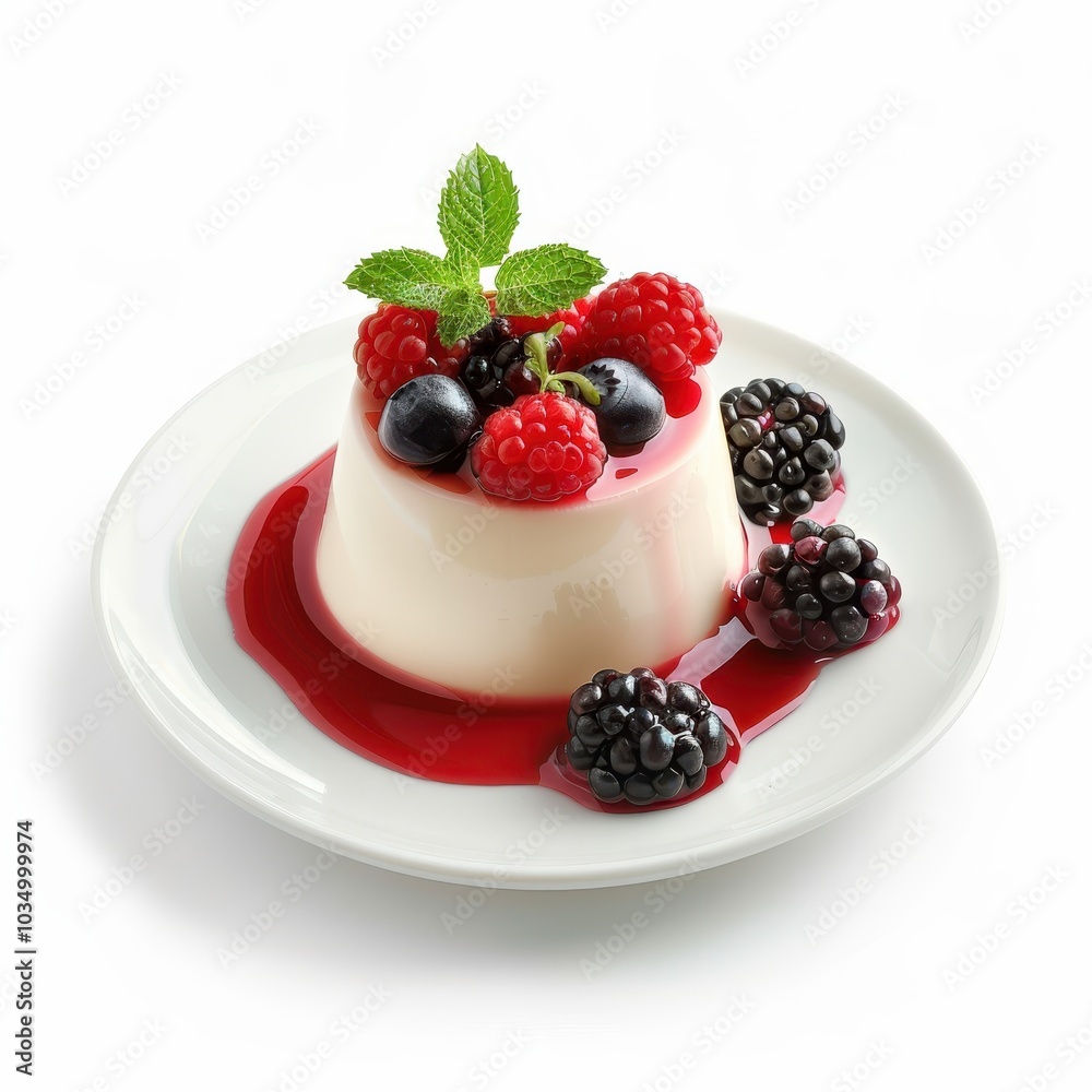 Panna cotta with raspberries and mint isolated on white background Panna cotta with raspberries and mint isolated on white background