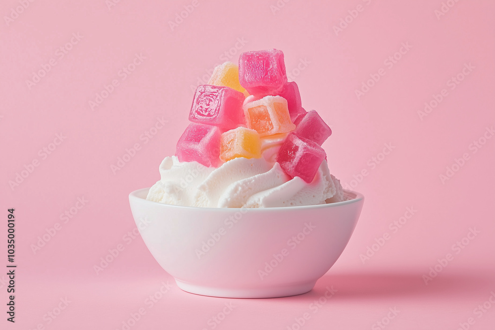  Ice cream topped with colorful jelly cubes.