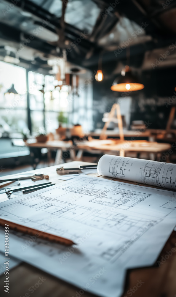 A minimalist workspace featuring a drafting table with carefully organized blueprints, sketching tools, and rulers, capturing the essence of modern architectural design and precision. A minimalist workspace featuring a drafting table with carefully organized blueprints, sketching tools, and rulers, capturing the essence of modern architectural design and precision.