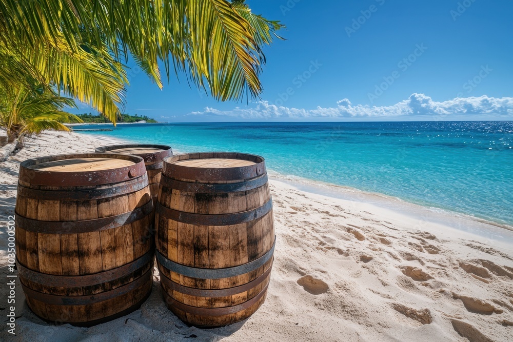 Rum barrels on a pristine beach, with crystal clear waters and palm trees, evoking tropical relaxation and exotic travel destinations, perfect for vacation and leisure themes Rum barrels on a pristine beach, with crystal clear waters and palm trees, evoking tropical relaxation and exotic travel destinations, perfect for vacation and leisure themes