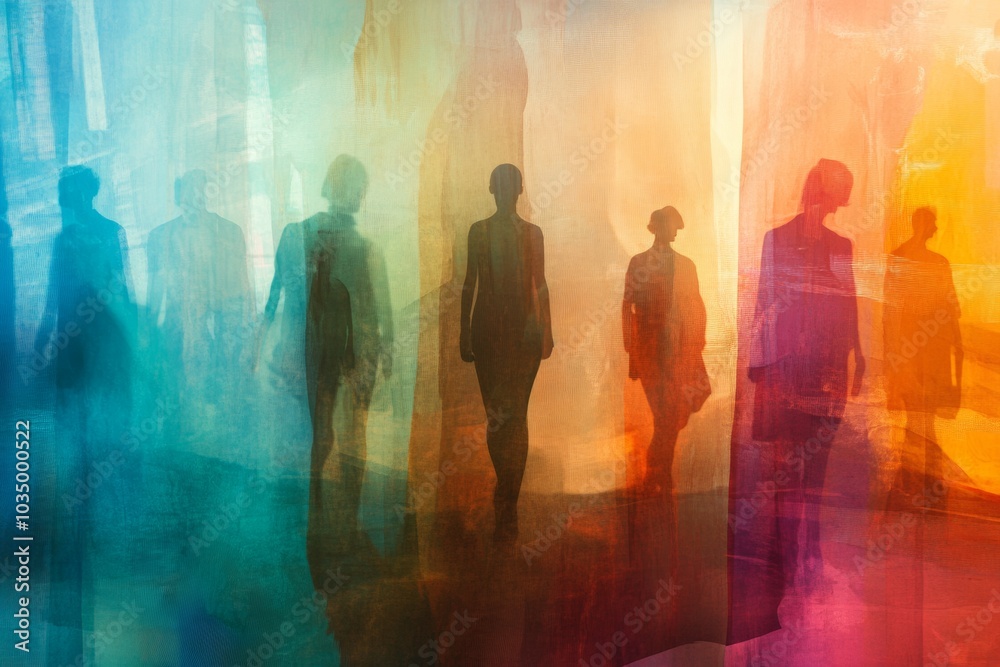 Abstract Silhouettes of People Walking Through Colorful Light and Shadow Abstract Silhouettes of People Walking Through Colorful Light and Shadow