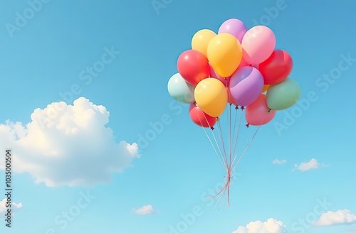 Brightly colored balloons and confetti floating in a blue sky
