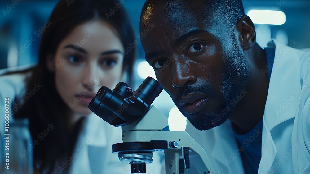 A diverse team of researchers using advanced AI-powered microscopes, discussing biological samples under bright lab lights, serious atmosphere A diverse team of researchers using advanced AI-powered microscopes, discussing biological samples under bright lab lights, serious atmosphere
